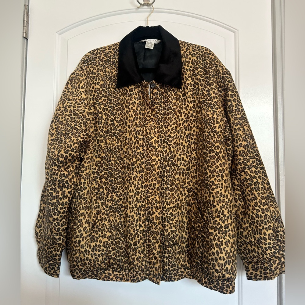 John Paul Richard 90s Vntg Leopard Print Collar Bomber Jacket 100% Silk Size L